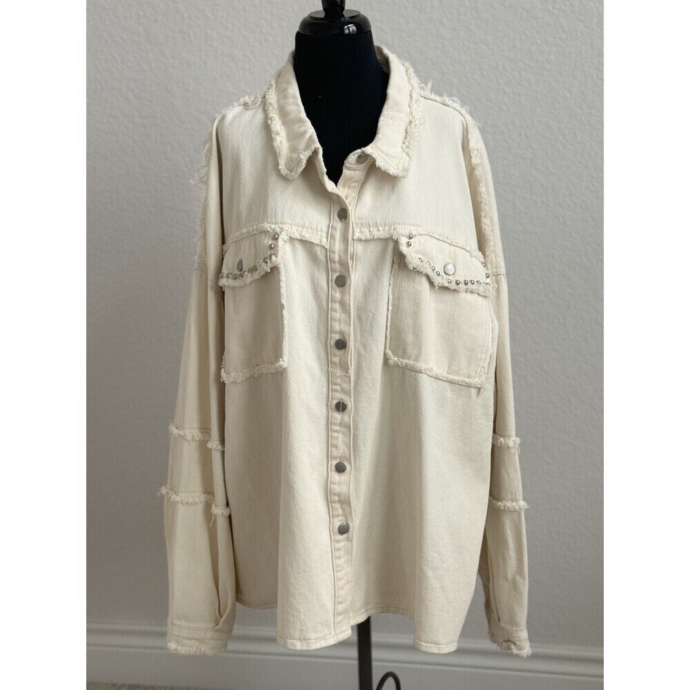 POL Shacket Oatmeal Denim Long Sleeve Button Down Studs Women’s XL Oversized NWT - Picture 2 of 9